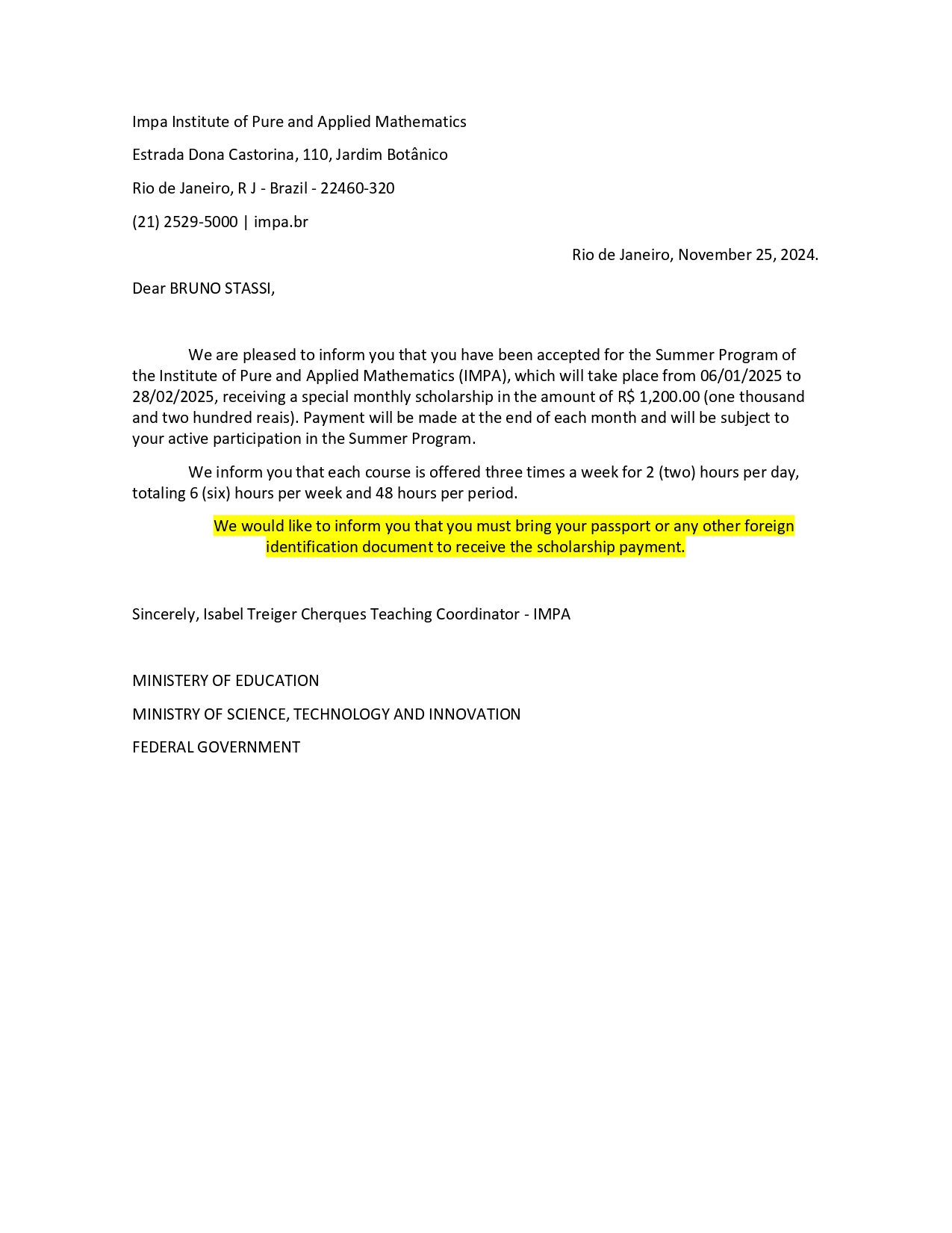 Translation of Reference / Certificate of Award and / or Scientific Accomplishment Document