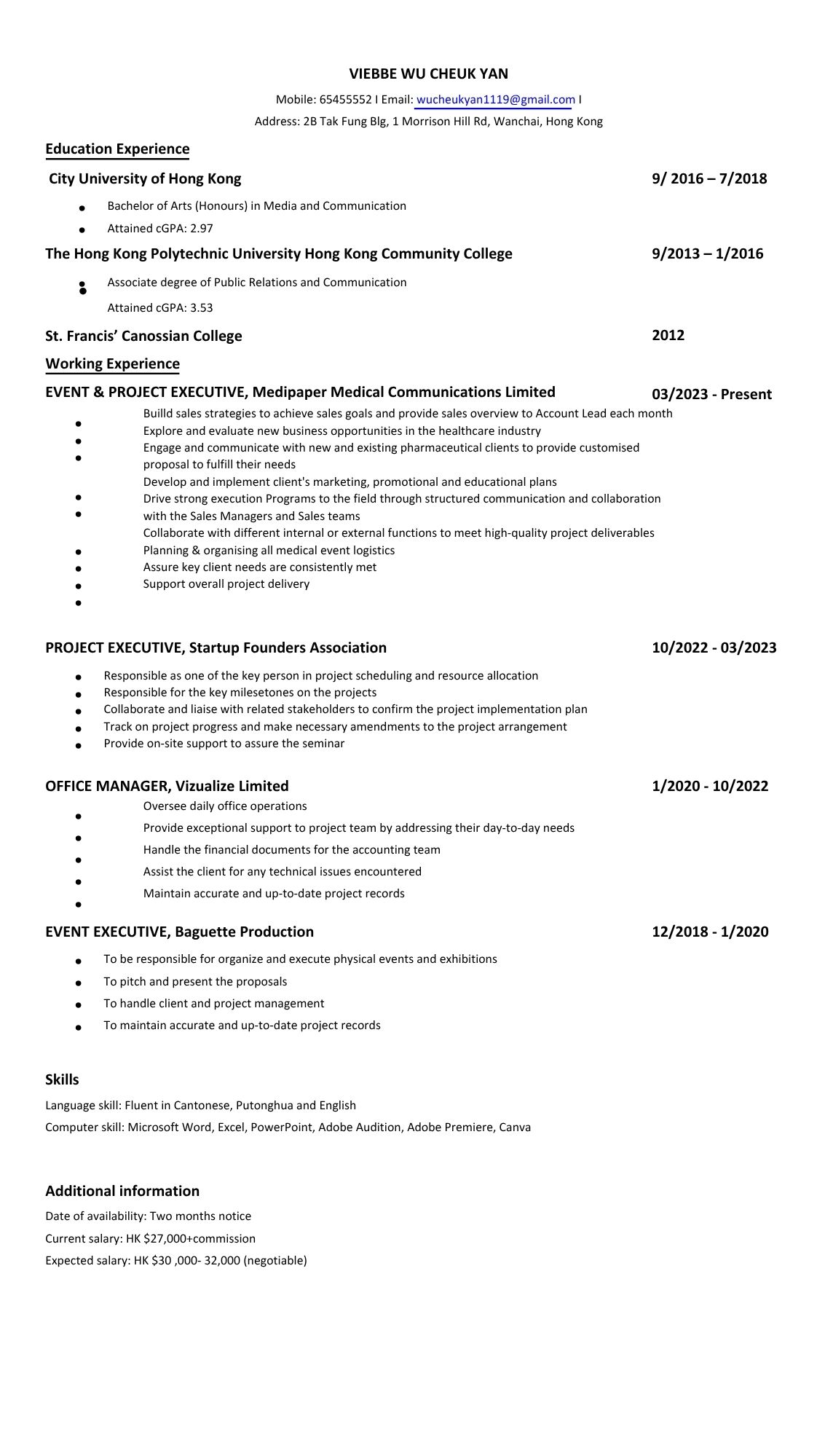 Resume (in chronological order)